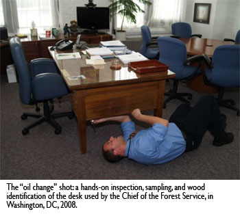 Dr. Alex C. Wiedenhoeft, The �oil change� shot: a hands-on inspection, sampling, and wood identification of the desk used by the Chief of the Forest Service, in Washington, DC, 2008.